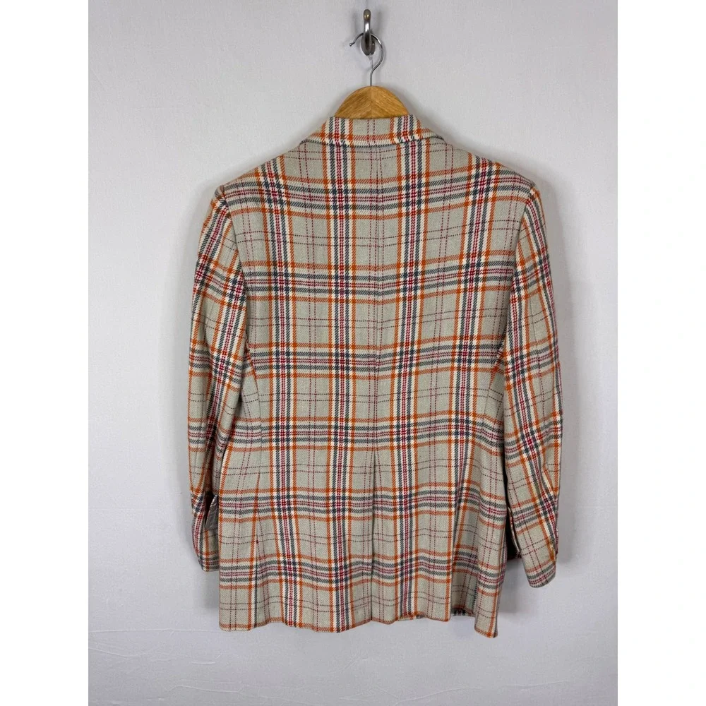 Vintage Plaid Blazer Jacket Orange Grey Beige Check Two Button Sport Coat 38 70s